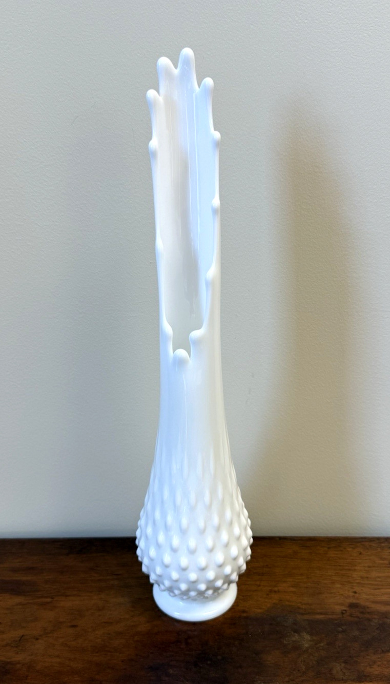 Vintage Fenton Hobnail White Milk Glass Stretch Swung Vase 15.25" Tall MCM